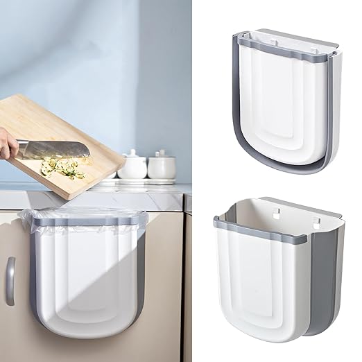 2 Pack Hanging Trash Can, 9L Collapsible Plastic Waste Bin for Cabinet Door, Wall Mounted 2.4 Gallon Foldable Small Wastebasket for Kitchen, Bathroom, Bedroom