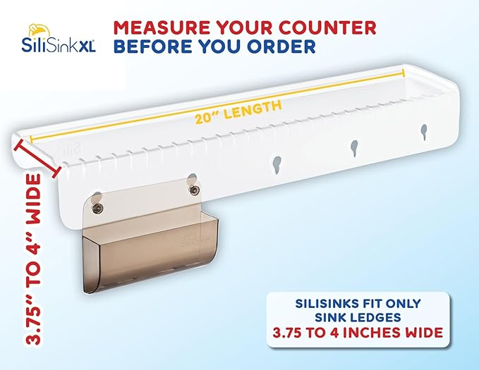 SiliSink XL Silicone Edge Guard for Kitchen Sink - Fits 3.75” - 4” Wide - The Original Silicone Sink Edge Protector with Sponge Caddy - Splash Guard, 20” Clear Diamond