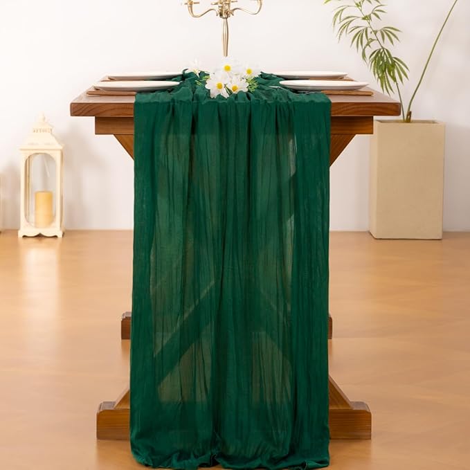 Socomi 10pcs Emerald Green Cheesecloth Table Runner Summer Boho Rustic Gauze 120 inch 10FT Cheese Cloth Sheer Runner for Wedding Party Baby Shower Birthday Home Decor Holiday Decorations
