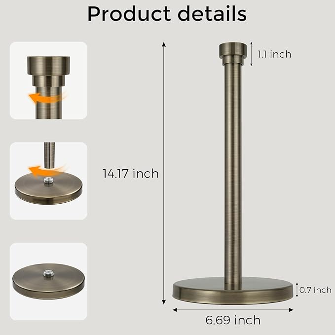 Antique Bronze Paper Towel Holder Countertop, Freestanding Paper Towel Stand with Weighted Non-Slip Base, Easy Assembly, Unique Decorative End Cap for Kitchen and Bathroom