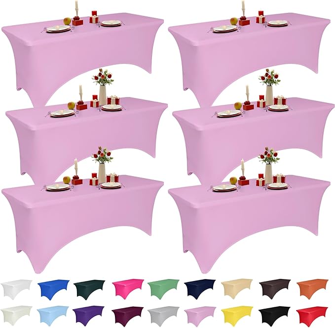 6 Pack 6 Feet Pink Spandex Tablecloth for Rectangular Tables, Fitted & Stretch, Washable, Wrinkle Resistant, Perfect for Event, Wedding, Party, Banquet, Cocktail, Festival, and Table Protector