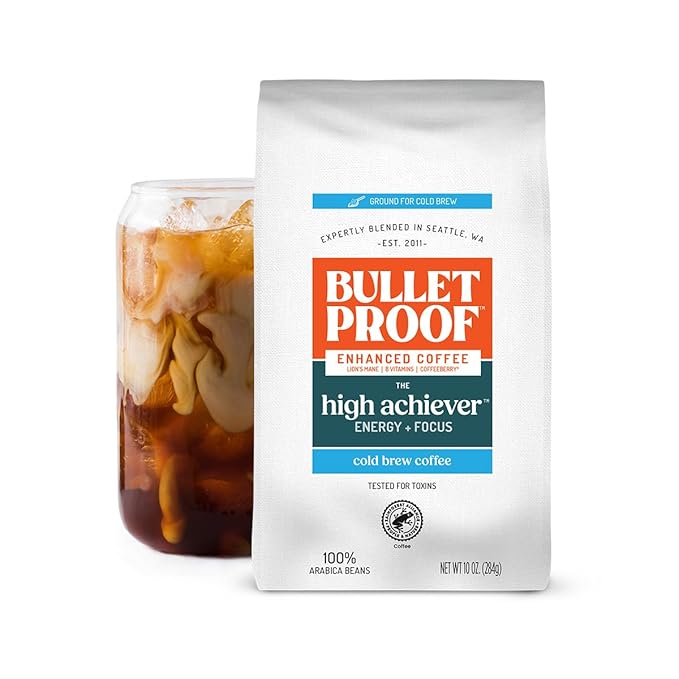 Bulletproof High Achiever Mushroom Cold Brew Coffee, Coarse Ground with Lion's Mane, B Vitamins & Adaptogens, Energy and Focus, Medium-Dark Roast, 10 oz
