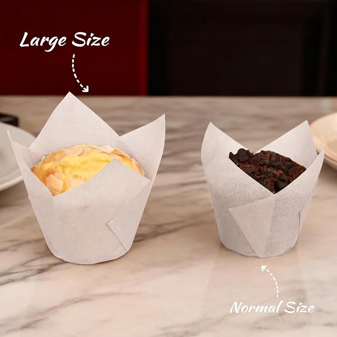 100pcs Extra Large Size Tulip Cupcake Liners for Baking Cups, Food Grade White Parchment Paper Large Muffin Liners Holders, Greaseproof Cup cake Wrappers for Party, Christmas by Neyimqr (White)