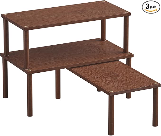 Cabinet Organizer Shelf(Set of 3),Bamboo Kitchen Counter Shelves for Countertop and Cabinet,Stackable Shelf Spice Racks,Large (Brown)