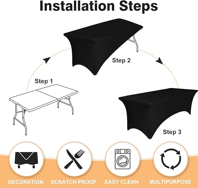 2 Pack 8 Feet Black Spandex Tablecloth for Rectangular Tables, Fitted & Stretch, Washable, Wrinkle Resistant, Perfect for Event, Wedding, Party, Banquet, Cocktail, Festival, and Table Protector