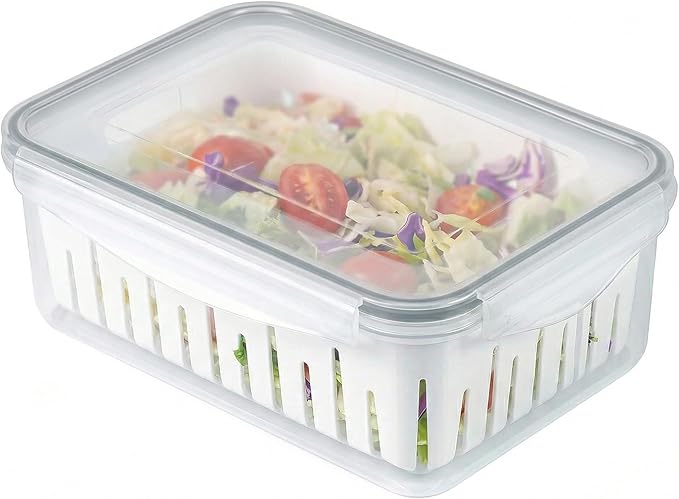 carrotez 8.5 Cup Produce Saver Container for Fridge with White Colander, Airtight Fruit & Vegetable Storage Bin, Removable Strainer Basket, BPA-Free, Stackable, 2.0L