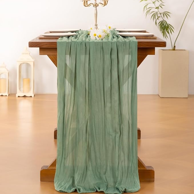 Socomi 2pcs Sage Green Cheesecloth Table Runner Summer Boho Rustic Gauze 120 inch 10FT Cheese Cloth Sheer Runner for Wedding Party Baby Shower Home Decor Holiday Decorations