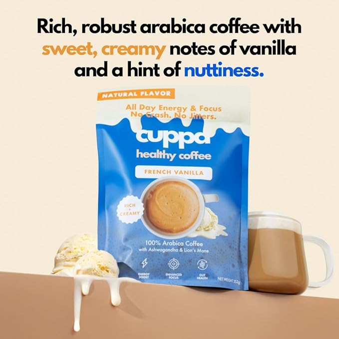 Cuppa French Vanilla Coffee - Great tasting medium roast with mushrooms, adaptogens & superfoods - Lion's Mane, Ashwagandha, Cordyceps, MCT, Prebiotic Fiber & L-Theanine. Supports natural energy & better mental focus, overall well-being + a happier gut...