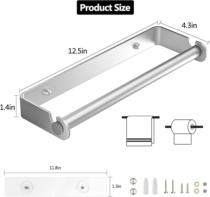 Under Cabinet Paper Towel Holder, Adhesive or Drill Mount Paper Towel Holder, Wall Mount Paper Towel Holders for Kitchen or Bathroom (Silver)