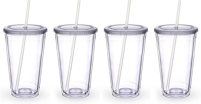 Zukro Clear Acrylic Tumbler with Straw and Lid 16 oz, Double Walled Insulated Reusable Plastic Iced Coffee Cup, To Go Cup Perfect for Parties, Birthdays, Fit in Cupholder, BPA Free, Clear 4 Pack