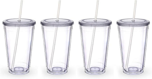 Zukro Clear Acrylic Tumbler with Straw and Lid 16 oz, Double Walled Insulated Reusable Plastic Iced Coffee Cup, To Go Cup Perfect for Parties, Birthdays, Fit in Cupholder, BPA Free, Clear 4 Pack