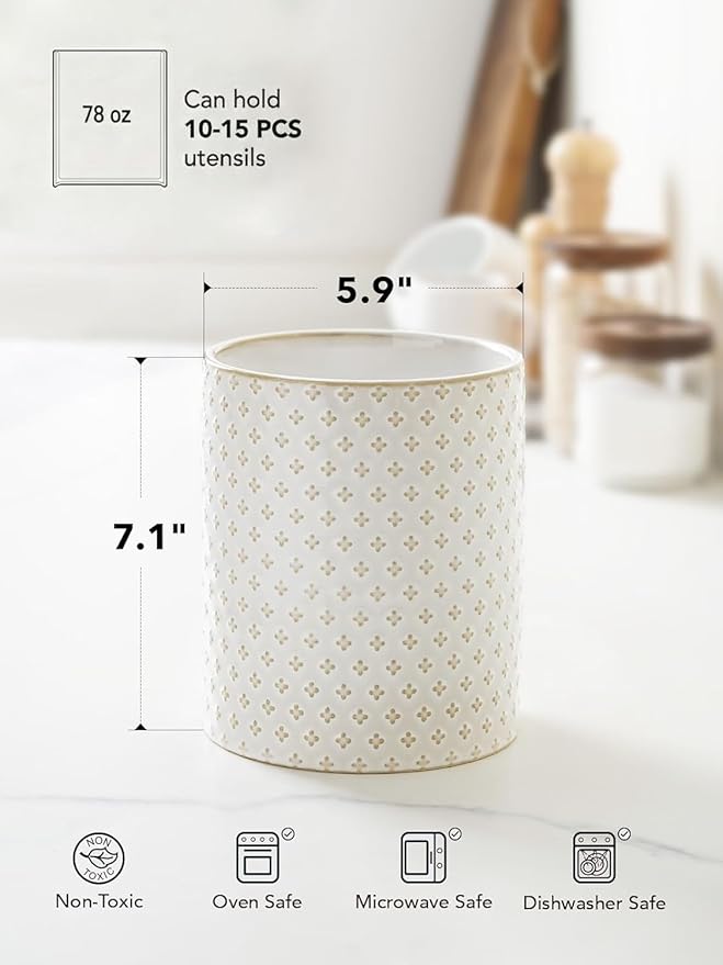LE TAUCI Utensil Holder for Kitchen Counter - 7.1" Large Ceramic Utensil Crock, Cooking Utensil Organizer for Spatula, Spoon, Whisk - Farmhouse Kitchen Countertop Storage, Embossed, Clover