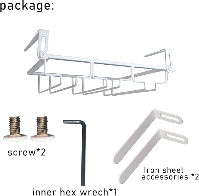 Adjustable Under Cabinet Stemware Holder - Metal Wine Glass Hanger Organizer for Kitchen, Bar, Shelf - Rustproof Hanging Storage Rack for 6-8 Glasses - Space Saving Decor (White, 3 Rows)