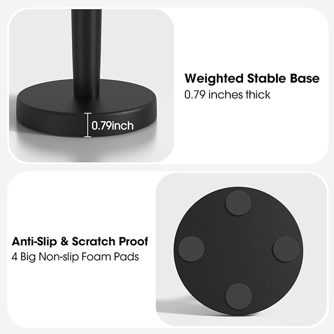 KitchLife Wooden Paper Towel Holder Countertop - Solid Freestanding Paper Towel Dispenser Stand with Anti-Skid Base (Black)