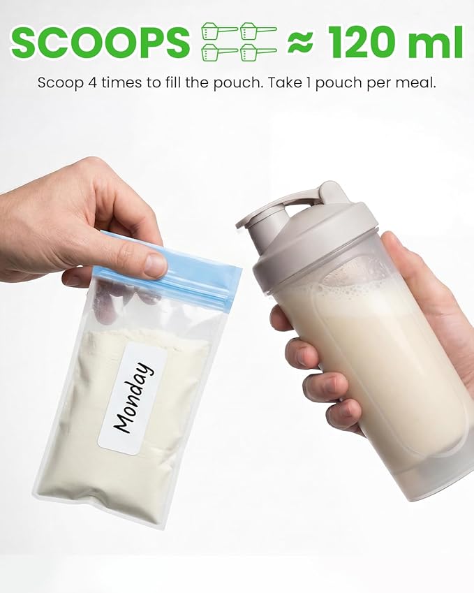Lerine Protein Powder Travel Container Set, Reusable Protein Powder Container To Go, 35Pcs Single Dose Bags & 5Pcs Large Zip Bags, Portable Supplement Storage Containers with Funnel, Spoon