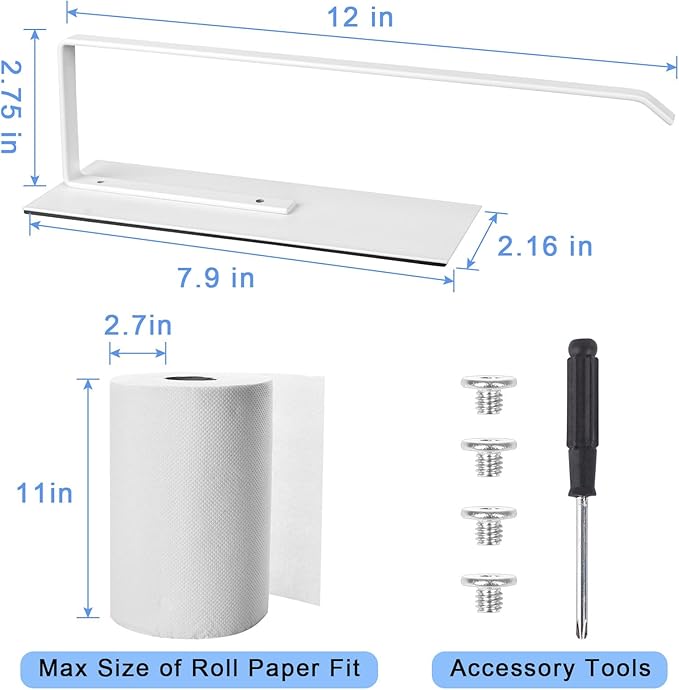 Seropy Magnetic Paper Towel Holder for Fridge, Toilet Paper Roll Holder Magnetic Paper Towel Rack Wall Mount Fridge Organizer for Papers Towels Roll Bathroom RV Decor Kitchen Organization White 1 Pack