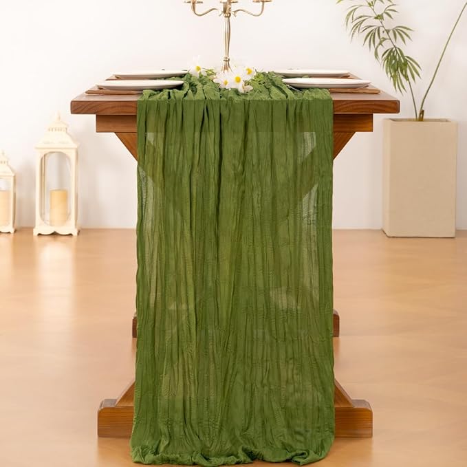 Socomi 6pcs Campsite Green Summer Cheesecloth Table Runner Boho Rustic Gauze 120 inch 10FT Cheese Cloth Sheer Runner for Wedding Party Baby Shower Birthday Home Decor Holiday Decorations