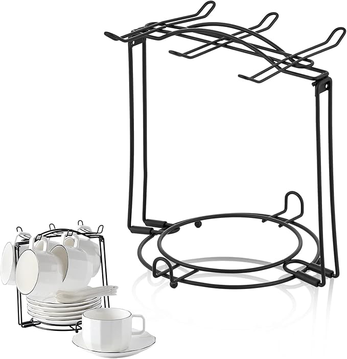 Tea Cup Holder, Coffee Cups and Saucers Display Stand, Metal Foldable Storage Rack for Espresso and Cappuccino Cup - Black