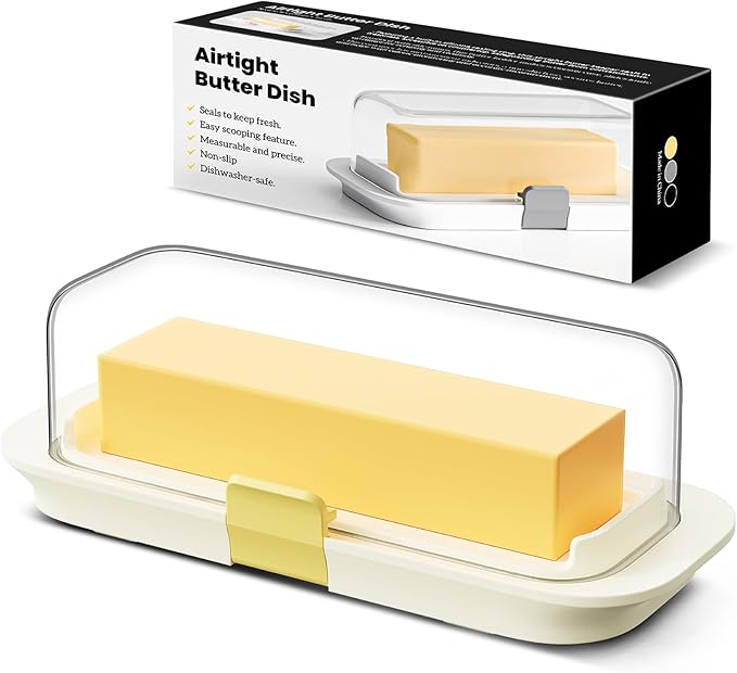 Butter Dish with Lid for Countertop and Refrigerator Door Shelf, Airtight Butter Keeper Container, Locking Butter Holder for East/West Coast Butter, BPA-free, Microwave/Dishwasher Safe