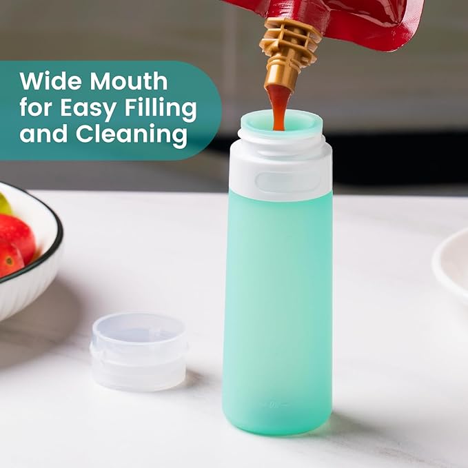 MICEBAY Condiment Squeeze Bottles for Sauces, 3-oz Mini Silicone Salad Dressing Container to Go with Snack Storage Bag, Leakproof Sauce Bottles for Lunch Box, 4 Pack, Mint