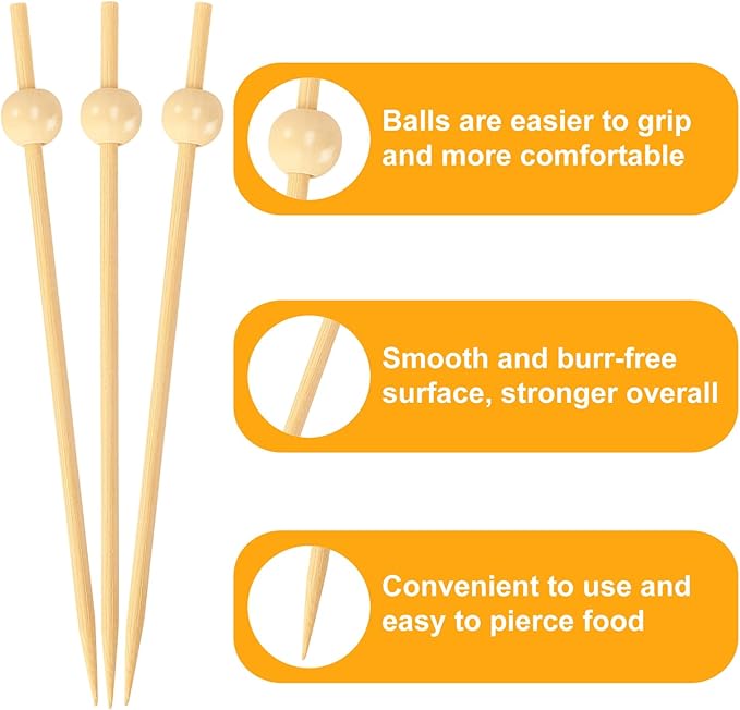 200PCS Cocktail Picks, Natural Fancy Toothpicks for Appetizers, Wooden Ball Bamboo Skewers for Appetizers, 4.7 IN Long Decorative Cocktail Sticks for Drinks Food Party Charcuterie Boards Accessories