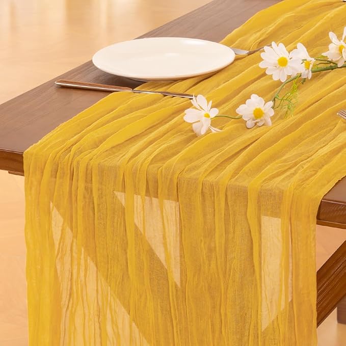 Socomi 6pcs Gold Yellow Summer Cheesecloth Table Runner Boho Rustic Gauze 120 inch 10FT Cheese Cloth Sheer Runner for Wedding Party Baby Shower Birthday Home Decor Holiday Decorations