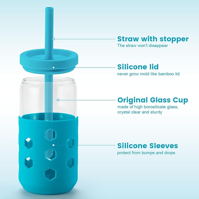 Mrsdry 16 oz Glass Cups With Lids and Straws, 4-Pack Iced Coffee Cup - Smoothie Cup With Silicone Lid and Sleeve for Coffee Bar Accessory, Cute Drinking Glasses Set Reusable Glass Tumbler for Gifts