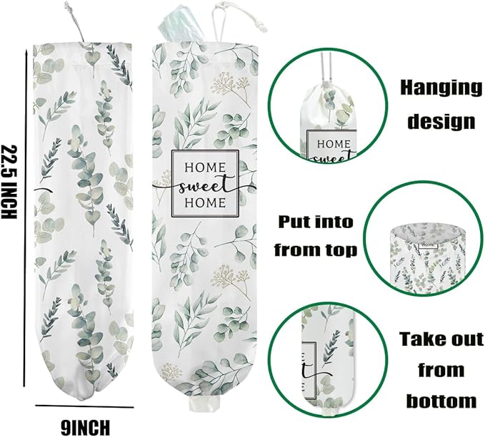 2 Pcs Eucalyptus Leaves Plastic Bag Holder, Wall Mount Grocery Bag Holder for Plastic Bags, Reusable Grocery Bags Storage Dispenser, Farmhouse Sweet Home Kitchen Decor, Flower Gifts for Women Mom