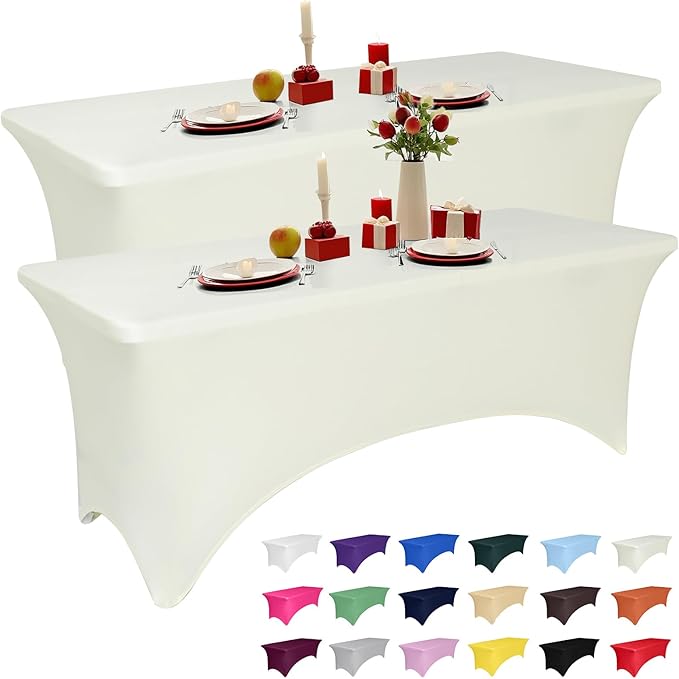 2 Pack 6 Feet Ivory Spandex Tablecloth for Rectangular Tables, Fitted & Stretch, Washable, Wrinkle Resistant, Perfect for Event, Wedding, Party, Banquet, Cocktail, Festival, and Table Protector