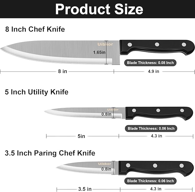 Kitchen Knife, 3-Pcs Knife Set, 8 Inch Chef Knife, 5 Inch Utility Knife, 3.5 Inch Paring Knife, Ultra Sharp Chef's Knives in High Carbon Stainless Steel, Ideal for Cooking, Chopping, Slicing and BBQ