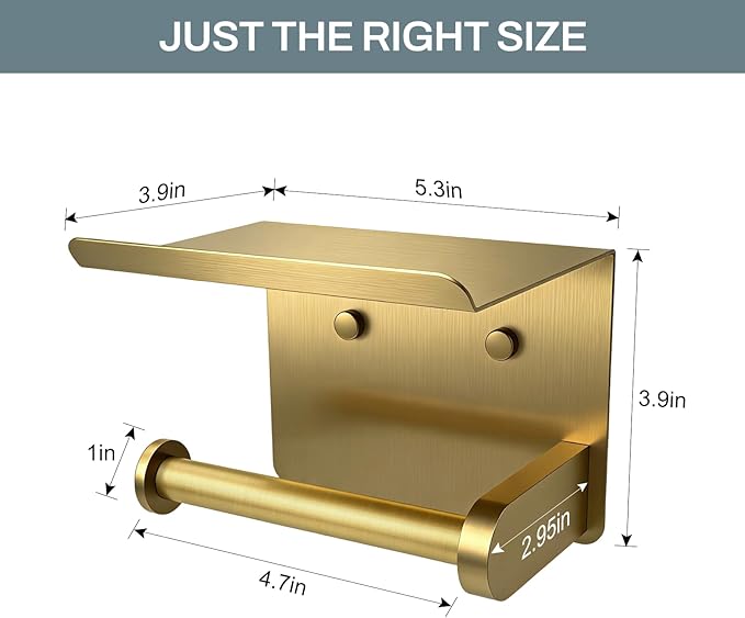 SetSail Toilet Paper Holder with Shelf Adhesive or Screw-in Bathroom Toilet Paper Roll Holders Wall Mount Gold Tissue Holder for Bathroom Hardware Accessories