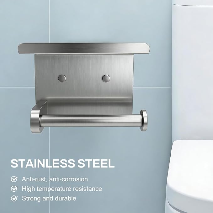 SetSail Toilet Paper Holder with Shelf Adhesive or Screw-in Bathroom Toilet Paper Roll Holders Wall Mount Heavy-Duty Brushed Nickel Tissue Holder for Bathroom Hardware Accessories