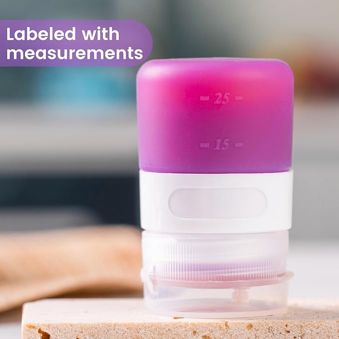 MICEBAY Condiment Squeeze Bottles for Sauces, 1-oz Mini Silicone Salad Dressing Container to Go with Snack Storage Bag, Leakproof Sauce Bottles for Lunch Box, 4 Pack, Purple