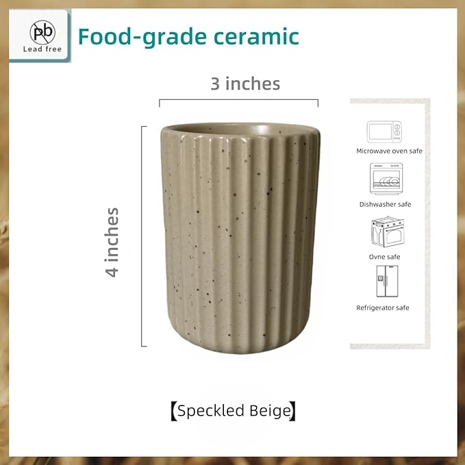 TOPYOKK Stoneware Coffee Bar Utensil Holder Tea & Coffee Spoon & Stirrer Holder for Stir Stick Straw Teaspoon Holder Spoon Cup Small Utensil Jar Fluted Vertical Stripe (Speckled Beige)