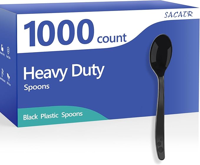 SACATR 1000 Count Black Plastic Spoons Heavy Duty, Disposable Bulk Spoons, BPA-Free Heat Resistant Cutlery for Restaurant Catering Party Events