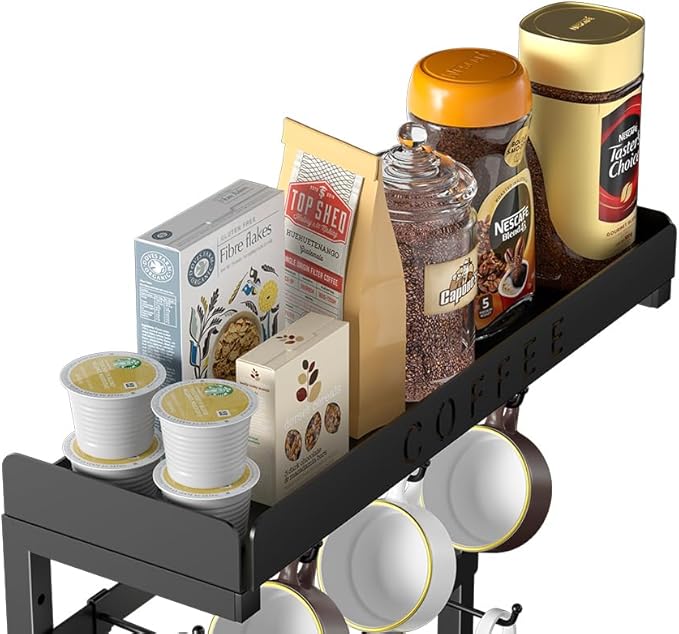 Coffee Mug Holder Wall Mounted with 12 Movable Hooks, Metal Coffee Cup Holder with Top Shelf, Mug Rack Wall Mount for Home Kitchen Display and Collection