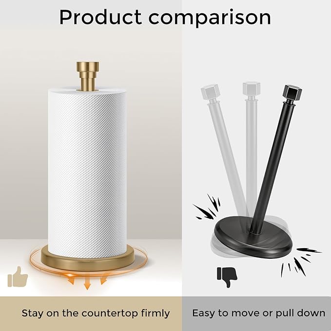 Warm Gold Paper Towel Holder Countertop, Freestanding Paper Towel Stand with Weighted Non-Slip Base, Easy Assembly, Unique Decorative End Cap for Kitchen and Bathroom
