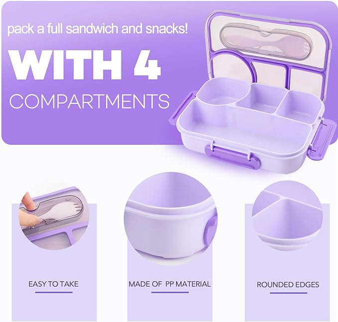 Bento Box for Adults,4 Compartments Lunch Box, Snack Containers Reusable Lunch Containers Drop-Proof, Dishwasher Safe & Made with BPA-Free Materials, Purple
