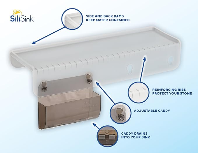 SiliSink Silicone Edge Guard for Kitchen Sink - Fits 3.75” - 4” Wide - The Original Silicone Sink Edge Protector with Sponge Caddy - Splash Guard, 14” Frosted Matte
