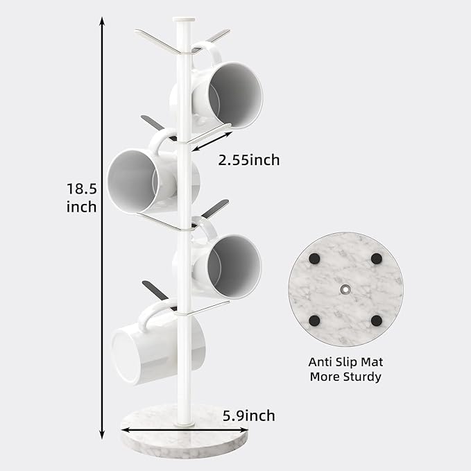 Gypie Mug Holder Tree with Marble Base, 8 Hooks White Coffee Cups Holder Stand, New Upgrad Stable Removable Mug Rack for Kitchen Cafe