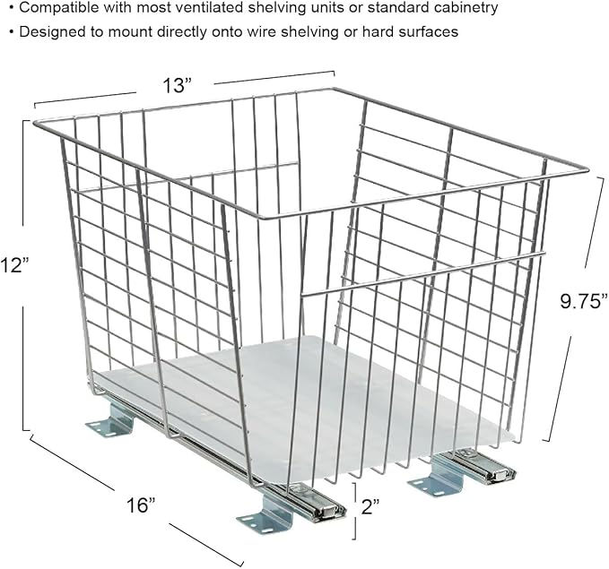Household Essentials Glidez Steel Pull-Out/Slide-Out Storage Organizer with Plastic Liner for Under Cabinet or Wire Shelf Use - Produce Bin Design - Fits Standard Size Cabinet or Shelf, Brushed Silver