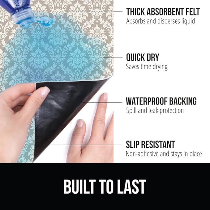 GORILLA GRIP LeakGuard Non-Adhesive Under Sink Mat for Kitchen Cabinet, Waterproof Quick Dry Shelf Liner, Durable Absorbent Felt Mats for Bathroom Sinks, Cabinets, Dresser, 24x24 Damask Taupe Cream