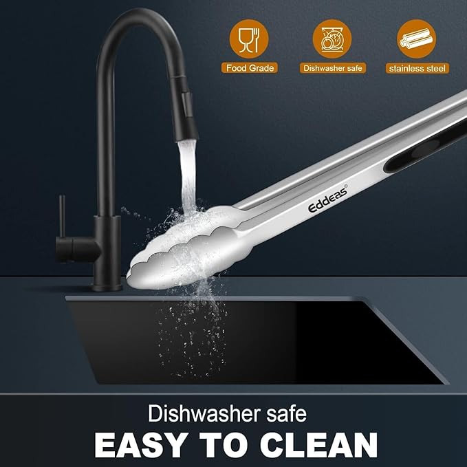 Eddeas Small Tongs For Cooking, Mini 7 inch Kitchen Tongs -Heat Resistant 600 Degrees Stainless Steel and Non-Slip handle - Perfect for Cooking, Salad, Pasta, Steaks, Vegetables,Dishwasher safe