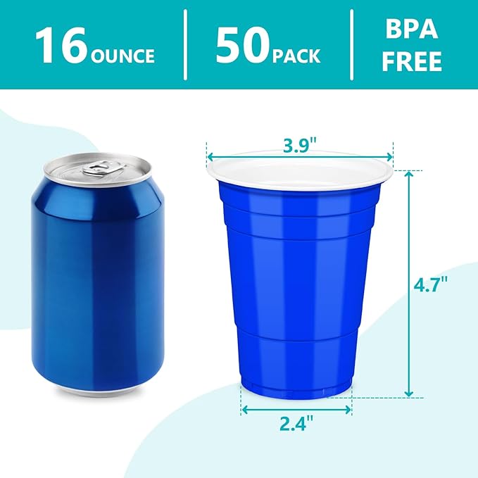 LANLISA 50 Dark Blue Plastic Cups, 16 oz Disposable Cups, Drinking Cups For Birthday Party, Graduation, 4th of July Patriotic, Veterans Day