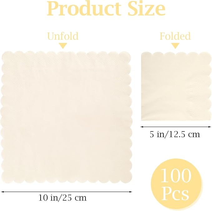 100 Pcs Cocktail Napkins, 2-Ply 5 x 5 Inches Disposable Scalloped Napkins, Thick Premium Dessert Napkins for Party, Wedding, Dinner, Birthday, Anniversary, Festival (Milky-White)