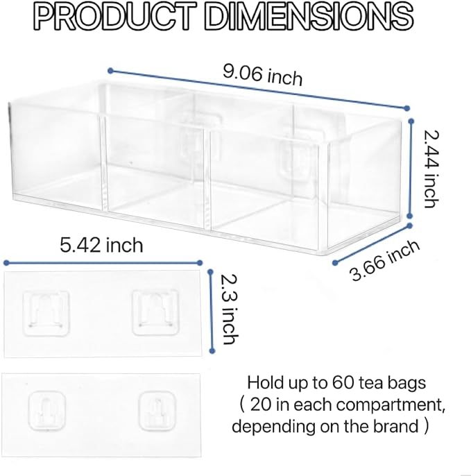 Tea Bag Organizer Holds up to 60 Tea Bags, Tea with 3 Compartments, Adhesive Wall Mount Tea Box Strong Tea bag Holder Hooks for Storage Cabinet and Kitchen Pantry Doors Transparent