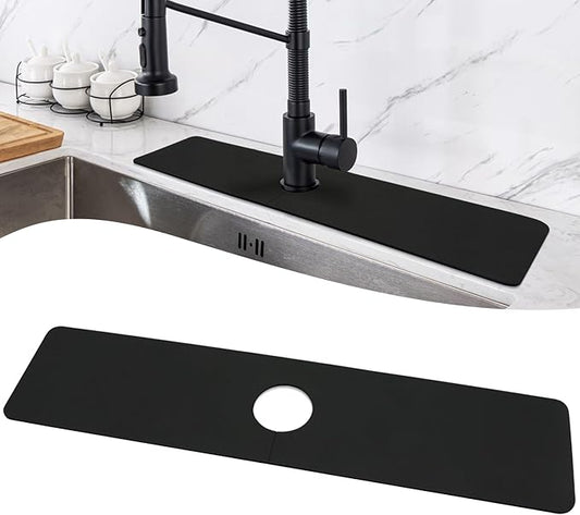 LOPNUR Faucet Mat for Kitchen Sink Protectors, 24 Inch Long Kitchen Sink Splash Guard Behind Faucet, Cuttable Bathroom Water Splash Guard with Super Absorbent Diatomite Fast Drying, Black
