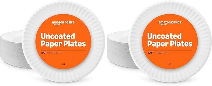 Amazon Basics 9" Uncoated White Paper Plates 2 Pack (200 count)