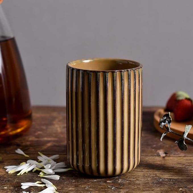 TOPYOKK Stoneware Coffee Bar Utensil Holder Tea & Coffee Spoon & Stirrer Holder for Stir Stick Straw Teaspoon Holder Spoon Cup Small Utensil Jar Fluted Vertical Stripe (Rustic Brown)