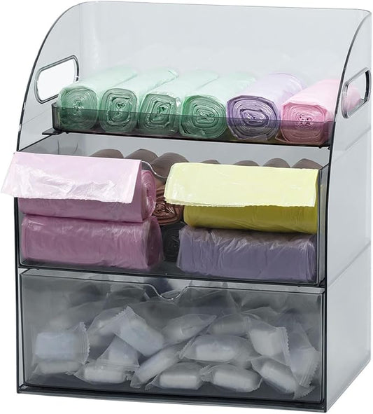 Plastic Under Sink Organizer with Drawers, Gray Kitchen and Pantry Storage Container for Trash Bags, Dishwasher Detergents, Sponge, Large Laundry Pods Dispenser with Handle for Cabinet